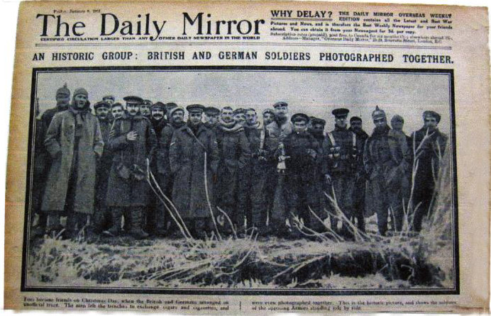 Stories of the unofficial truce between British and German troops on Christmas Day 1914, are now well‑known, and were known about at the time, through press reports and letters from the Front. This photograph of German and British troops fraternising in No-Man's-Land on Christmas Day 1914, appeared in the Daily Mirror in early January 1915.